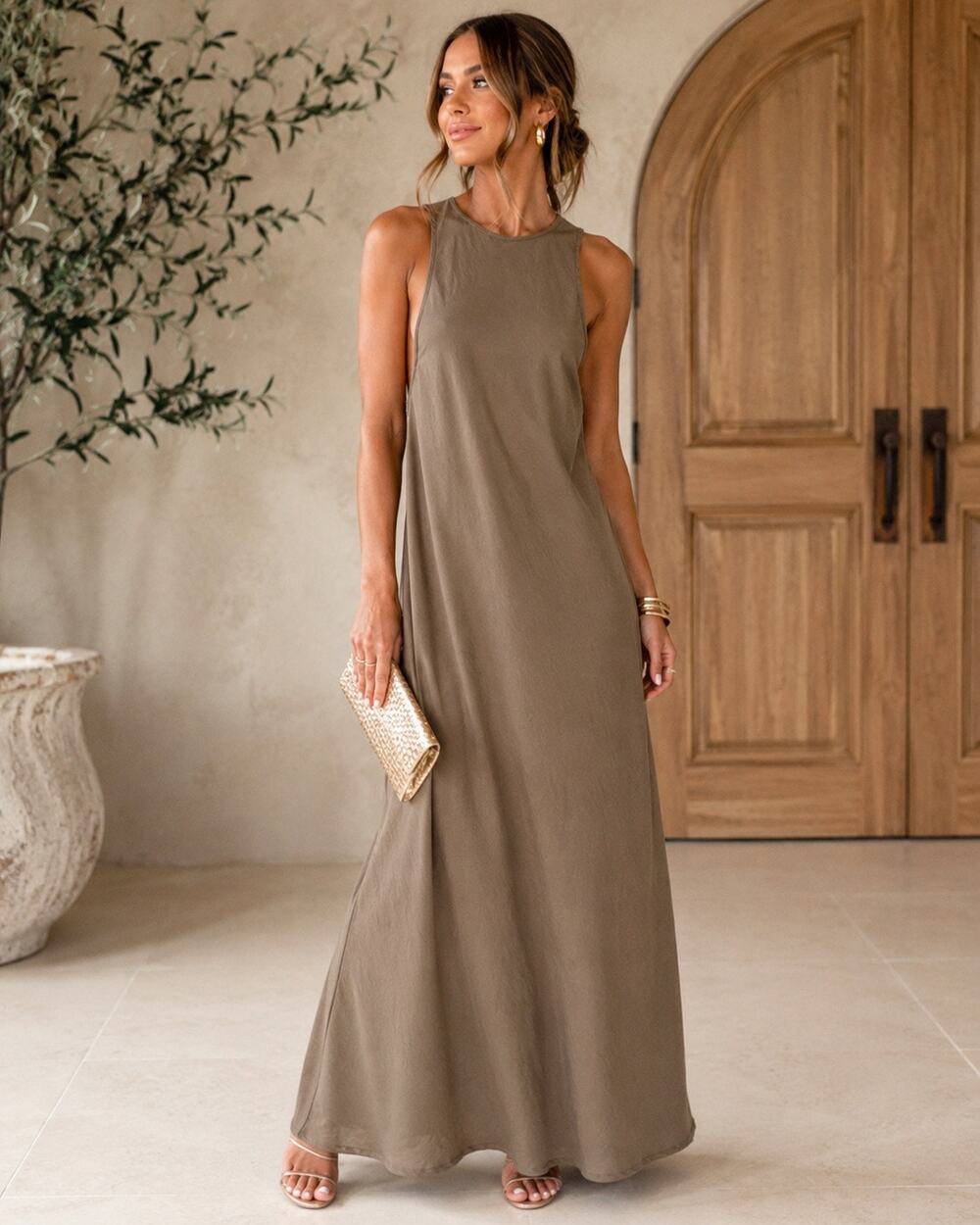 House of Harlow 1960 Taupe Sleeveless Open Back Tie Neck Maxi Dress Size Large